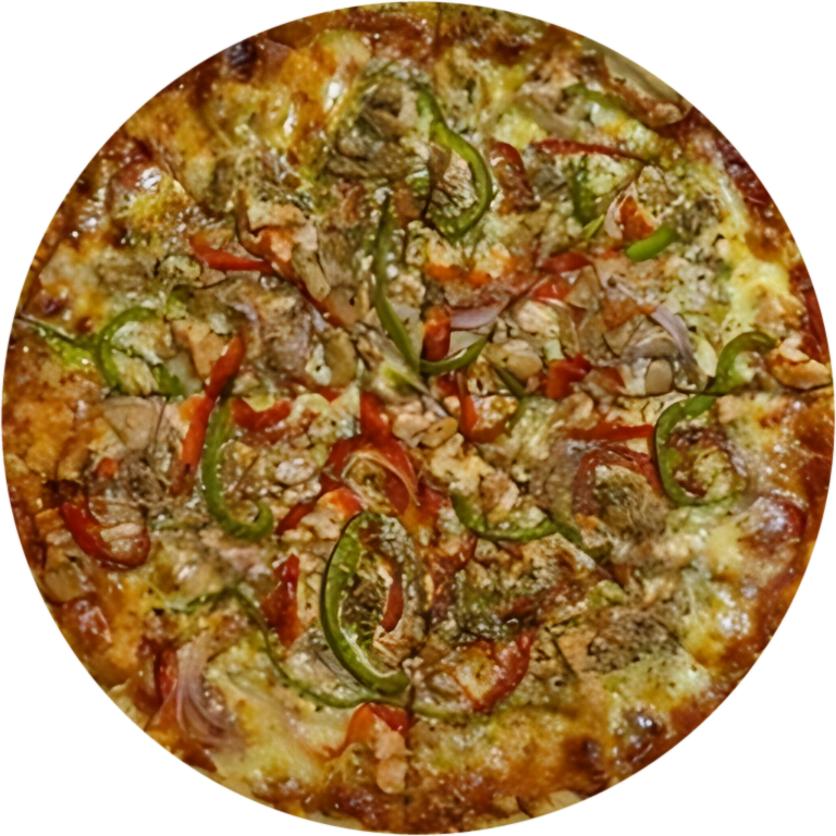 Pizza con pimentones verdes y rojos y orégano.